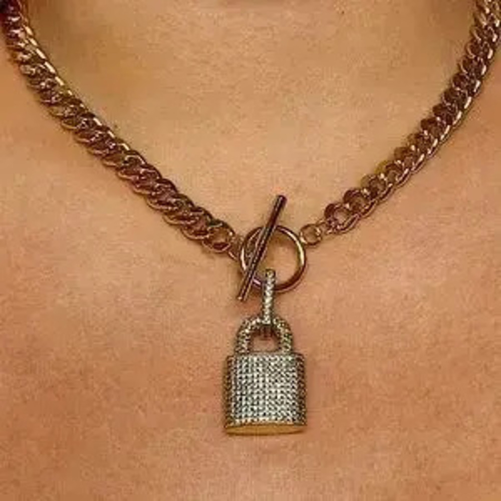Gold Lock Rhinestone Chain Link Toggle Necklace - Picture 2 of 10